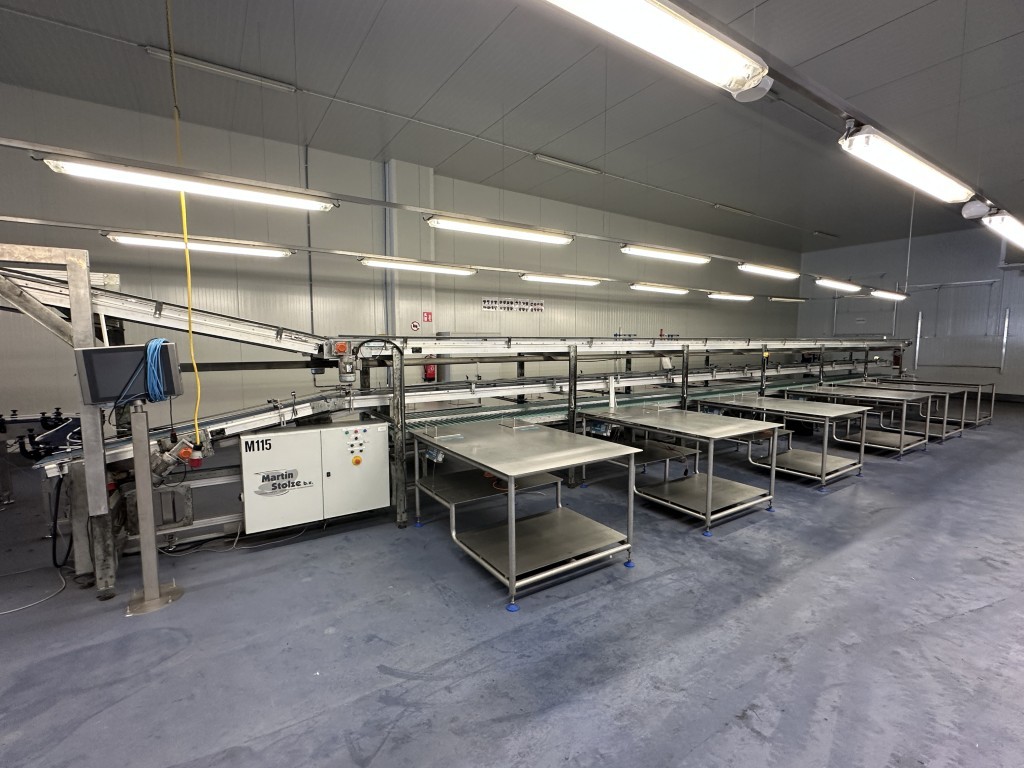 Martin Stolze combi conveyor Производственная и упаковочная линия с 11 рабочими столами Marco с весами