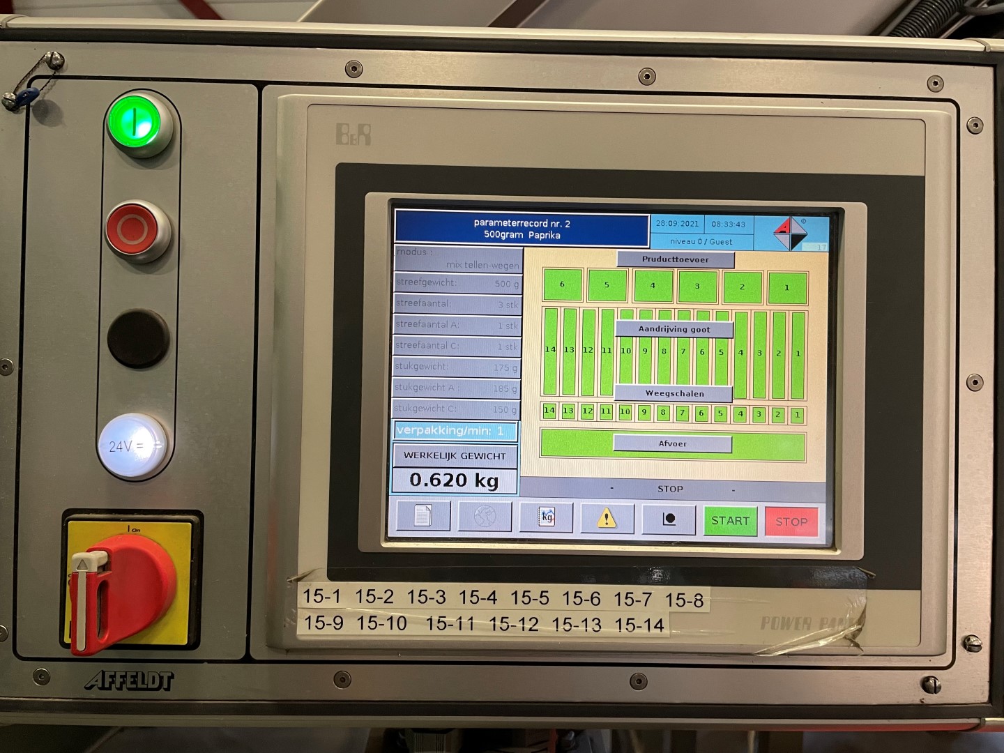 Affeldt weighing machine with GNA flowpacking machine for bell peppers